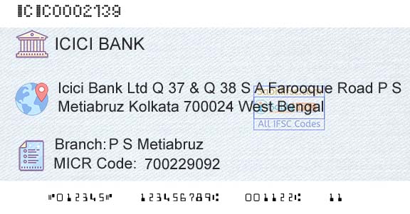 Icici Bank Limited P S MetiabruzBranch 