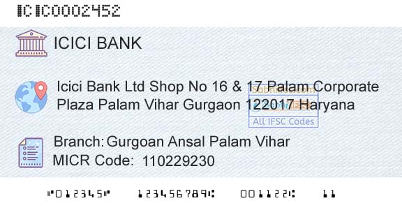 Icici Bank Limited Gurgoan Ansal Palam ViharBranch 