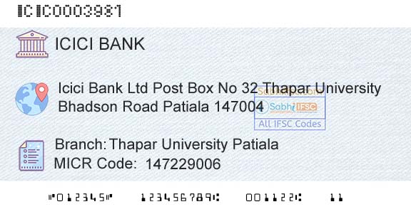 Icici Bank Limited Thapar University PatialaBranch 