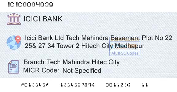 Icici Bank Limited Tech Mahindra Hitec CityBranch 