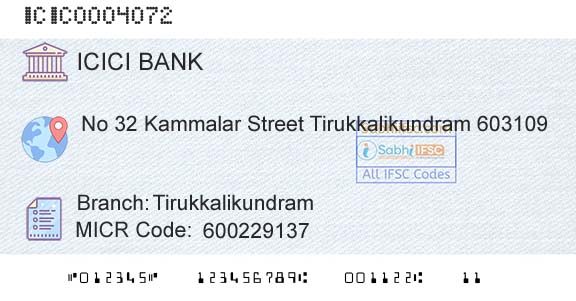 Icici Bank Limited TirukkalikundramBranch 