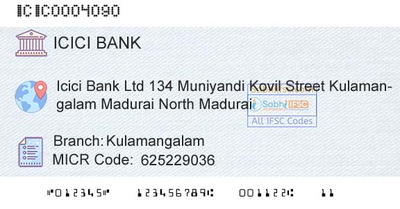 Icici Bank Limited KulamangalamBranch 