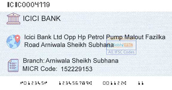 Icici Bank Limited Arniwala Sheikh SubhanaBranch 