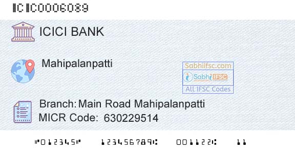 Icici Bank Limited Main Road MahipalanpattiBranch 