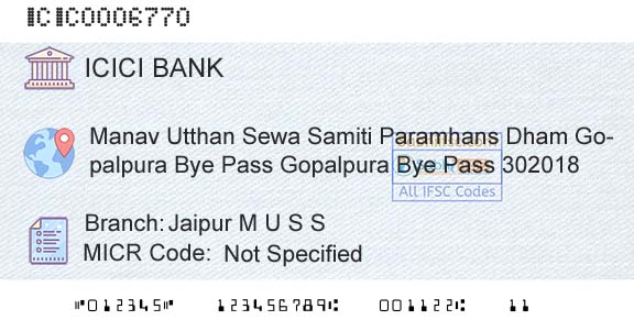 Icici Bank Limited Jaipur M U S S Branch 