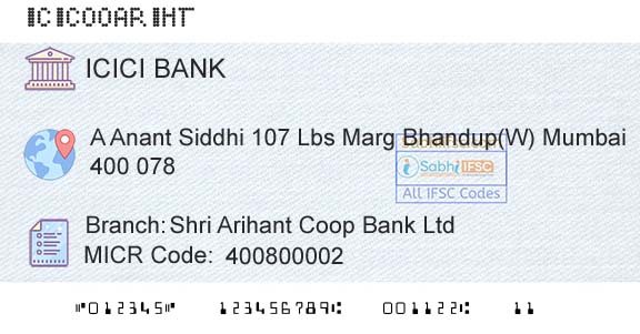 Icici Bank Limited Shri Arihant Coop Bank LtdBranch 