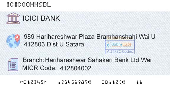 Icici Bank Limited Harihareshwar Sahakari Bank Ltd WaiBranch 