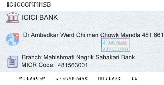 Icici Bank Limited Mahishmati Nagrik Sahakari BankBranch 