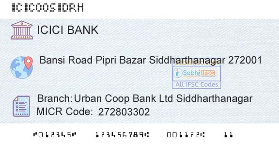 Icici Bank Limited Urban Coop Bank Ltd SiddharthanagarBranch 