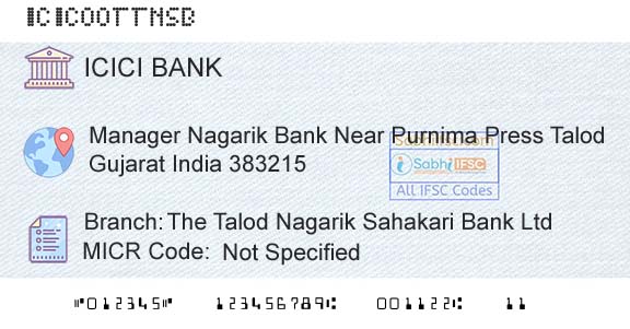 Icici Bank Limited The Talod Nagarik Sahakari Bank LtdBranch 