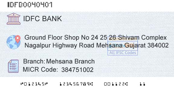 Idfc First Bank Ltd Mehsana BranchBranch 