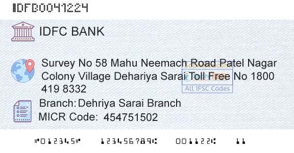 Idfc First Bank Ltd Dehriya Sarai BranchBranch 