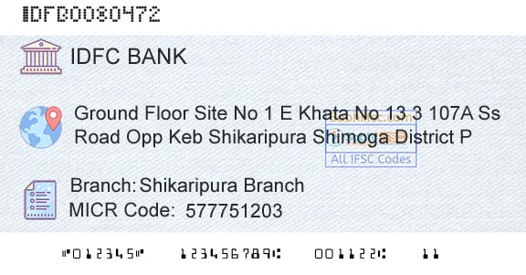 Idfc First Bank Ltd Shikaripura BranchBranch 