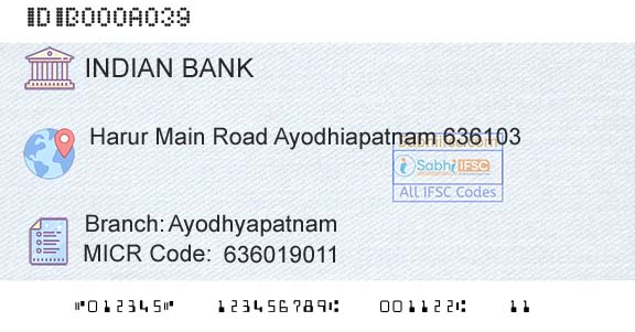 Indian Bank AyodhyapatnamBranch 