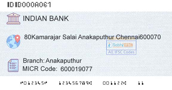 Indian Bank AnakaputhurBranch 