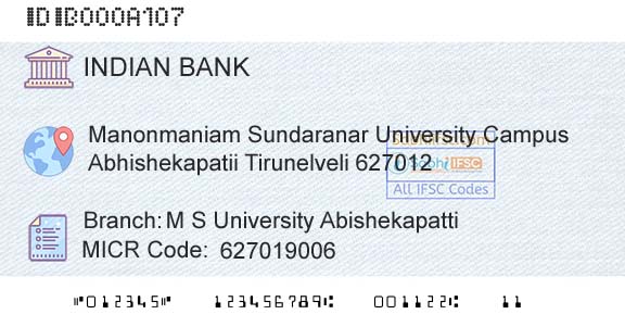 Indian Bank M S University Abishekapatti Branch 