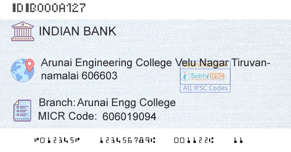Indian Bank Arunai Engg CollegeBranch 