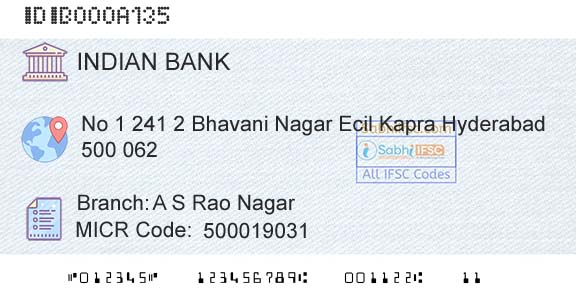 Indian Bank A S Rao NagarBranch 
