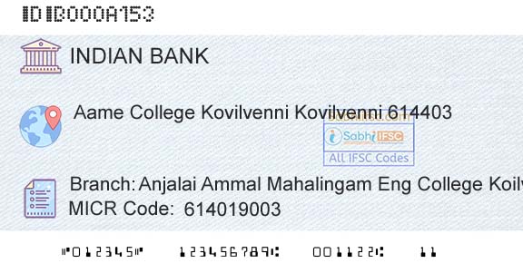 Indian Bank Anjalai Ammal Mahalingam Eng College KoilvenniBranch 