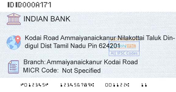 Indian Bank Ammaiyanaickanur Kodai RoadBranch 