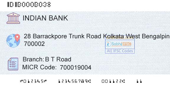 Indian Bank B T RoadBranch 