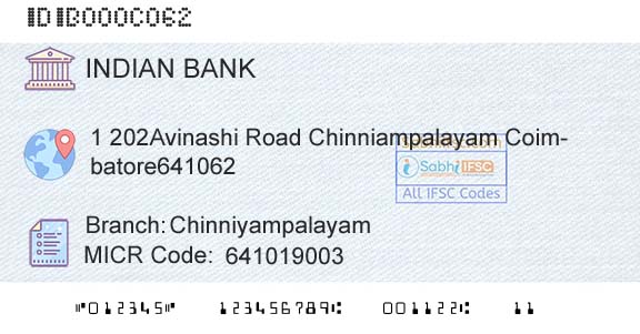 Indian Bank ChinniyampalayamBranch 