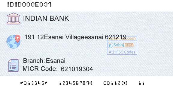 Indian Bank EsanaiBranch 