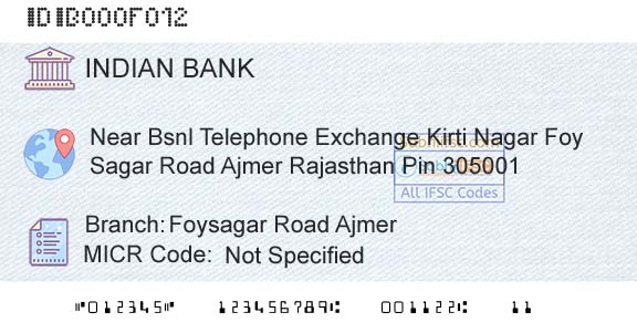 Indian Bank Foysagar Road AjmerBranch 