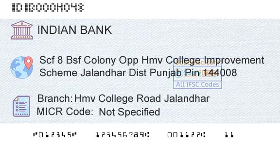 Indian Bank Hmv College Road JalandharBranch 