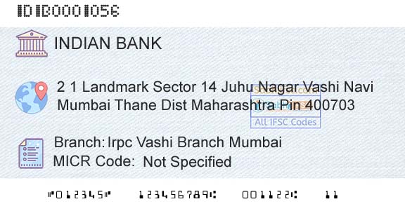 Indian Bank Irpc Vashi Branch MumbaiBranch 