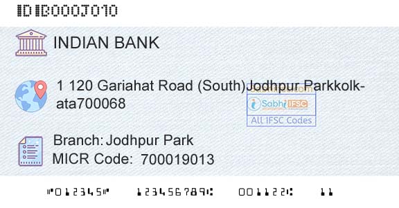 Indian Bank Jodhpur ParkBranch 