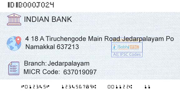 Indian Bank JedarpalayamBranch 