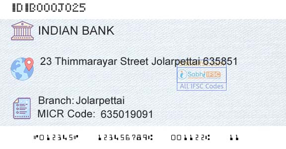 Indian Bank JolarpettaiBranch 