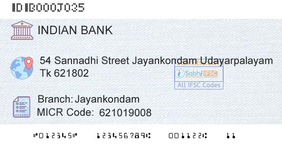 Indian Bank JayankondamBranch 