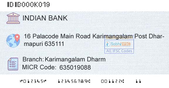 Indian Bank Karimangalam Dharm Branch 