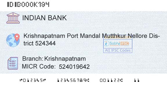Indian Bank KrishnapatnamBranch 