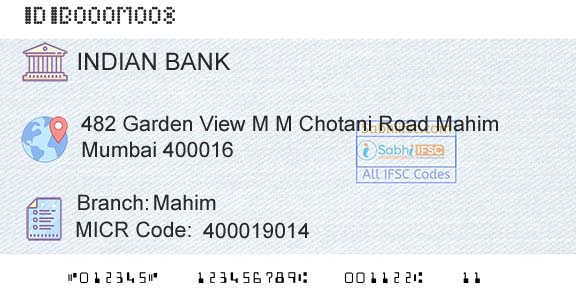 Indian Bank MahimBranch 