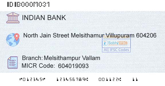 Indian Bank Melsithampur Vallam Branch 