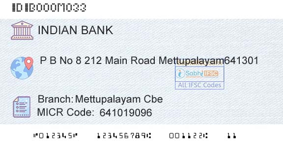 Indian Bank Mettupalayam Cbe Branch 