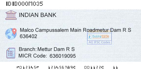 Indian Bank Mettur Dam R SBranch 