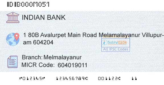 Indian Bank MelmalayanurBranch 