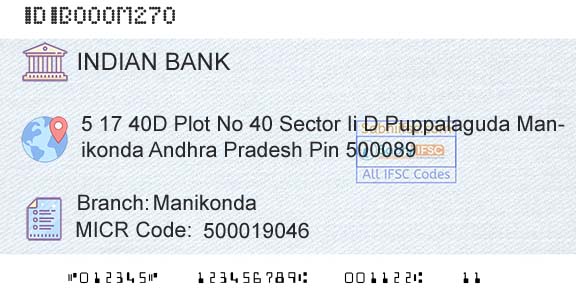 Indian Bank ManikondaBranch 