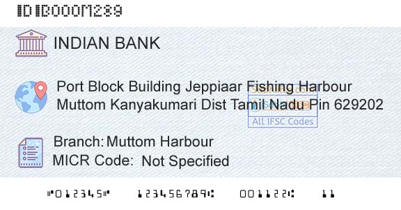 Indian Bank Muttom HarbourBranch 