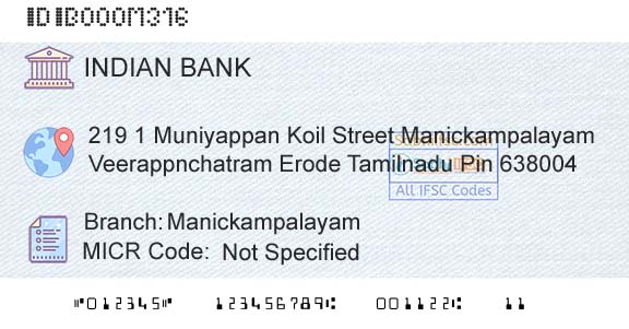 Indian Bank ManickampalayamBranch 