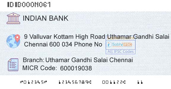 Indian Bank Uthamar Gandhi Salai Chennai Branch 