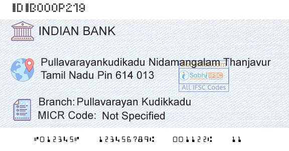 Indian Bank Pullavarayan KudikkaduBranch 