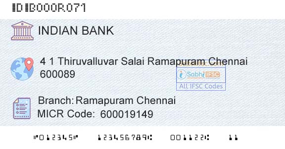 Indian Bank Ramapuram Chennai Branch 