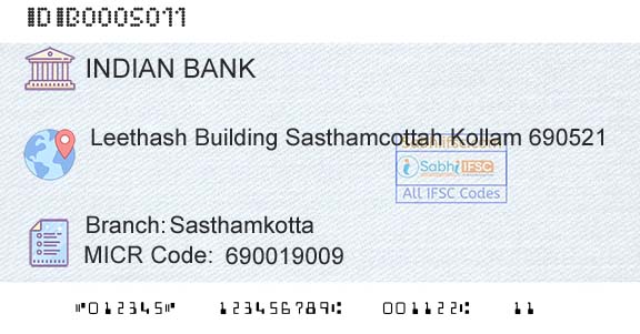 Indian Bank SasthamkottaBranch 