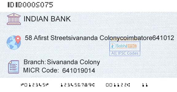 Indian Bank Sivananda ColonyBranch 