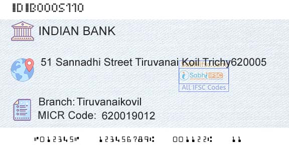 Indian Bank TiruvanaikovilBranch 
